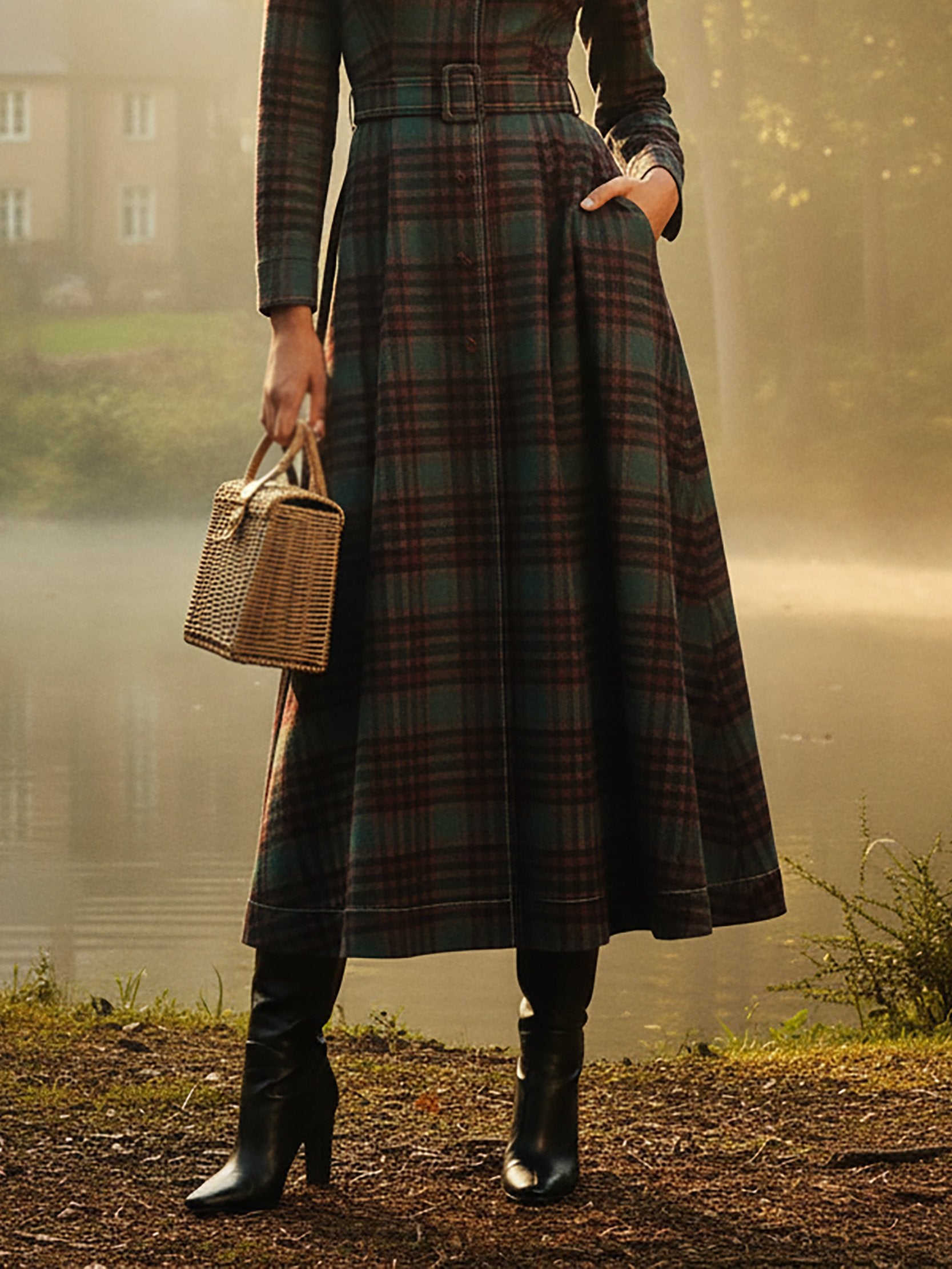 Wool Coat, Long Sleeves, Lapel Collar, Plaid, Belt Design, Vintage, Crimson