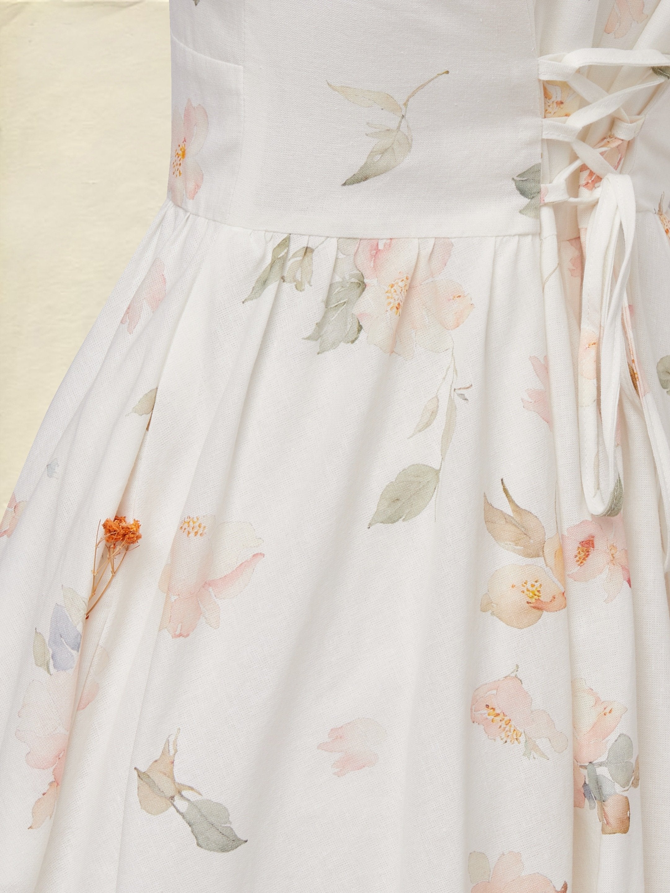 Midi Linen Dress, Short Sleeves, V Neck, Floral, Vintage, White