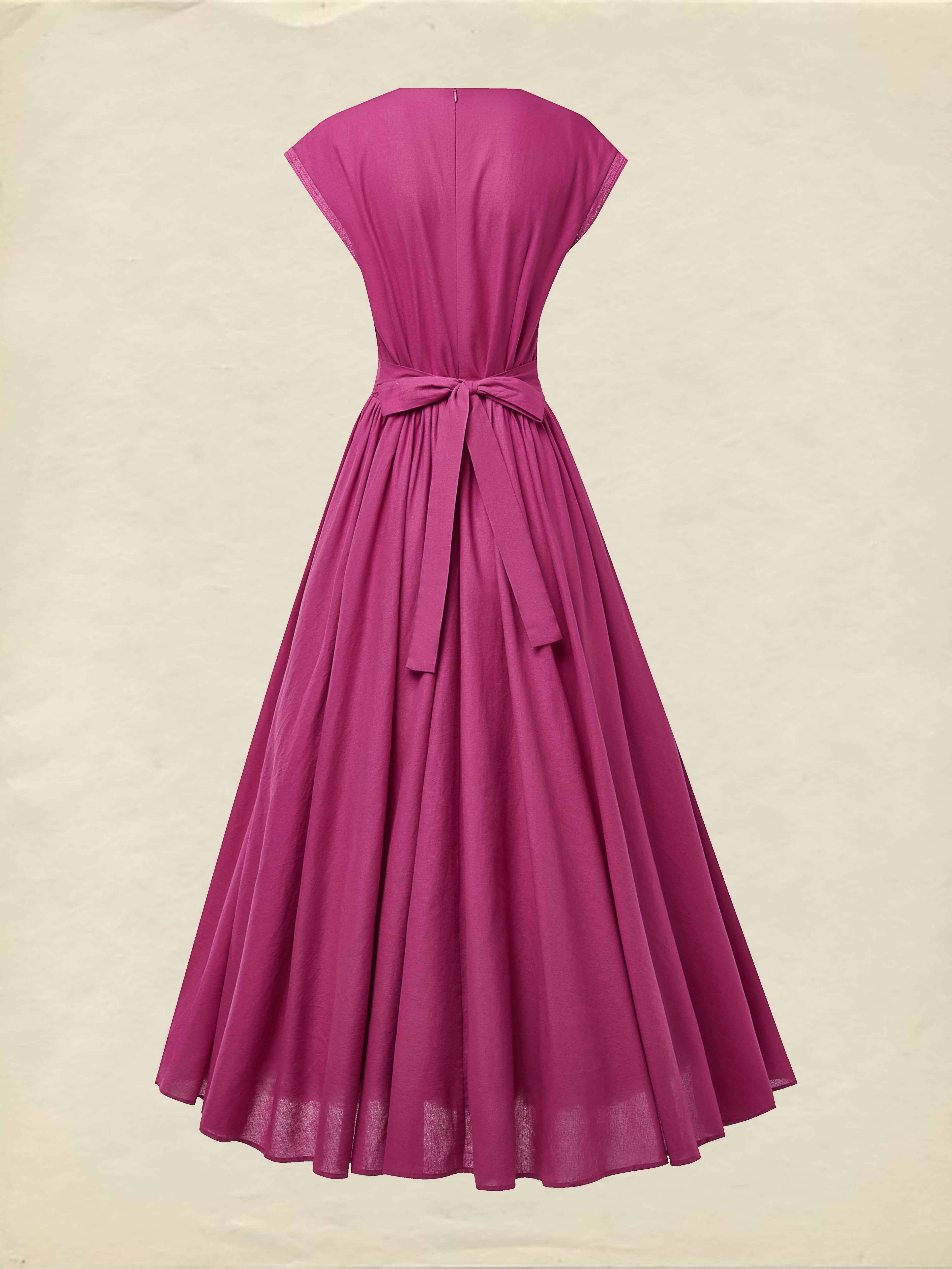 Maxi Linen Dress , Cap Sleeves, V Neck, Plain, Lace, Vintage, Rose Red