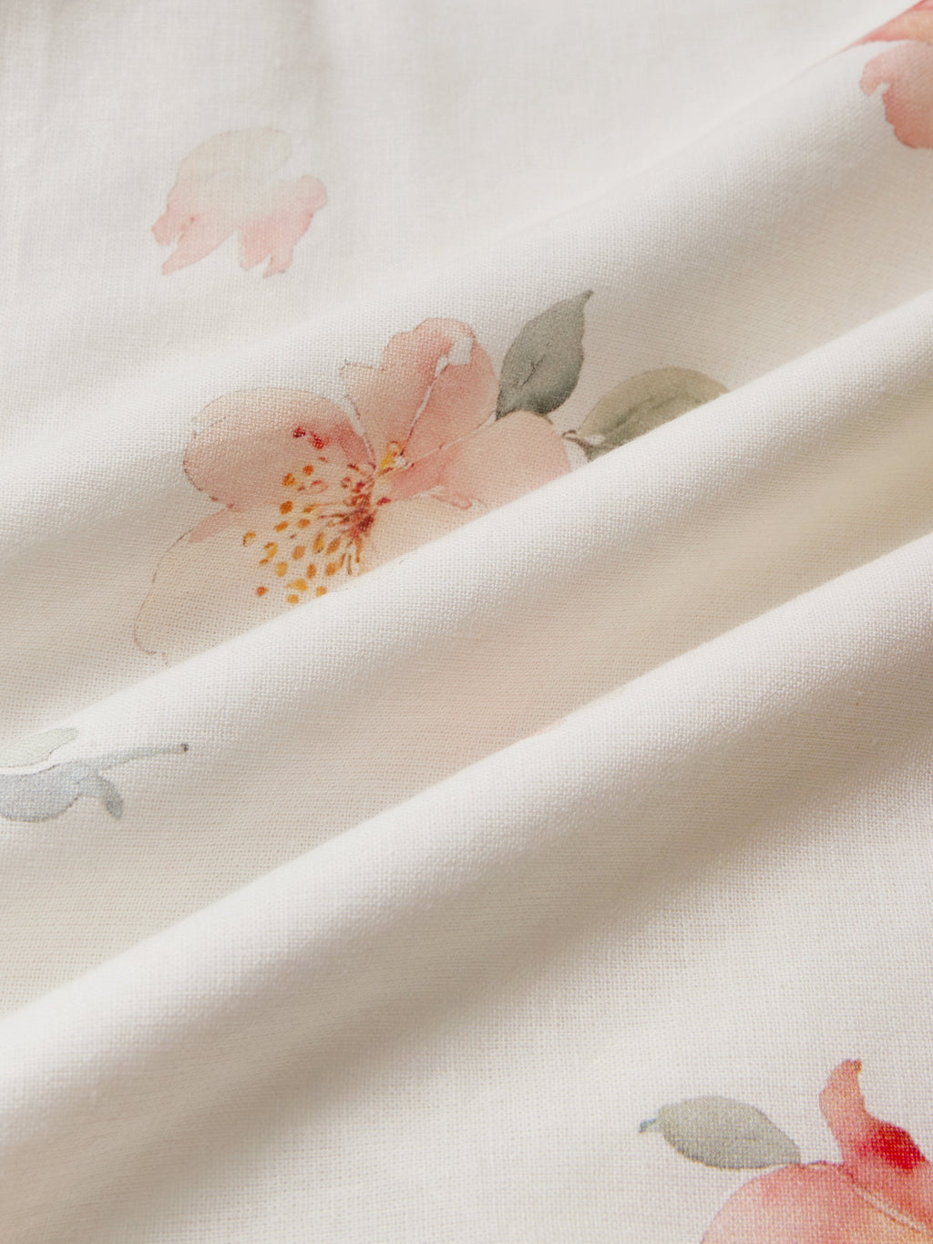 Midi Linen Dress, Short Sleeves, V Neck, Floral, Vintage, White
