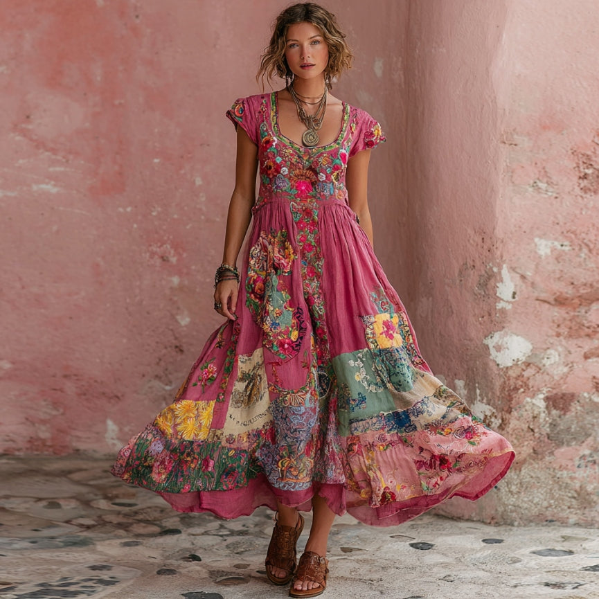 Women's Bohemian Floral Embroidery Art Round Neck Short Sleeve Midi Dress