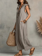 Women's Solid Color Ruffled Art Casual Fashion Cozy Cotton Linen Dress