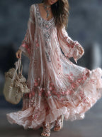 Women's Retro Floral Art Print Flowy Linen Blend Casual Long Sleeve Maxi Dress