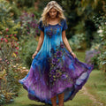 Women's Vintage Floral Embroidery Gradient Pattern Round Neck Dress