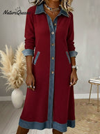 Casual Denim Patchwork Corduroy A-line Midi Dress