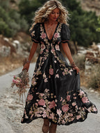 Women's Vintage Rose Embroidery Art Comfy Linen Maxi Dress