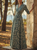 Maxi Linen Dress, Half Sleeve, V Neck, Paisley, Belt Design, Vintage, Cyan