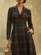Wool Coat, Long Sleeves, Lapel Collar, Plaid, Belt Design, Vintage, Crimson