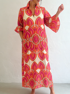 Retro Stand-up Collar Floral Print Loose Linen Cotton Dress