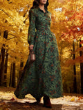 Maxi Linen Dress, Long Sleeves, Shawl Collar, Floral, Button Design, Vintage, Green