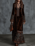 Bohemian Velvet Embroidered Borders Maxi Dress