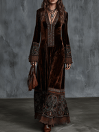 Bohemian Velvet Embroidered Borders Maxi Dress