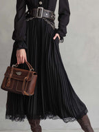Vintage Button Lace Hem Pleated Midi Dress
