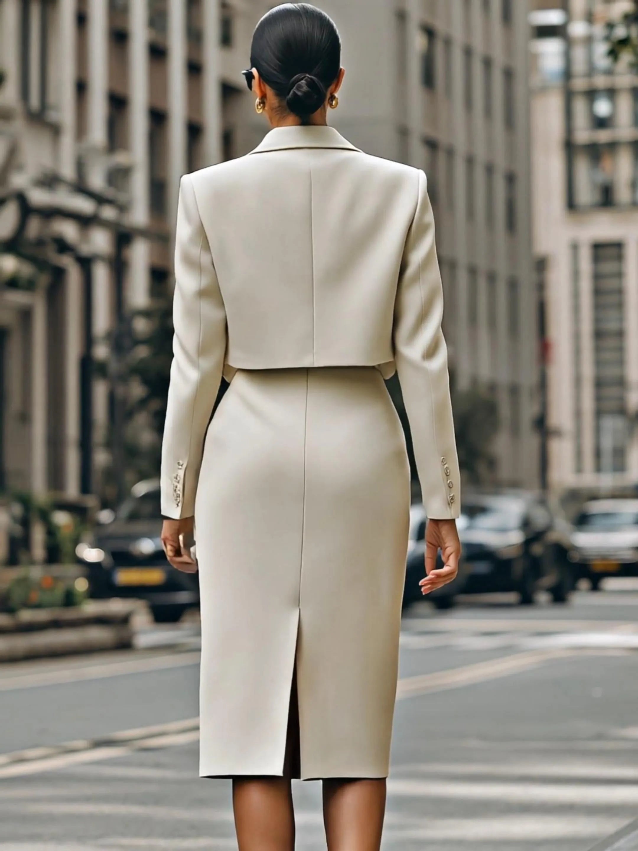 Cream Cropped Blazer And High-Waisted Pencil Skirt Set With Belt