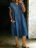 Women's Solid Color Casual V-neck Denim Pocket Dress
