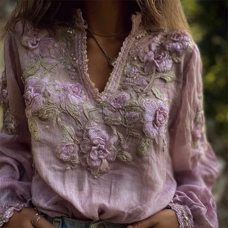 Vintage Lavender Flowers Vines Embroidered Linen Tunic