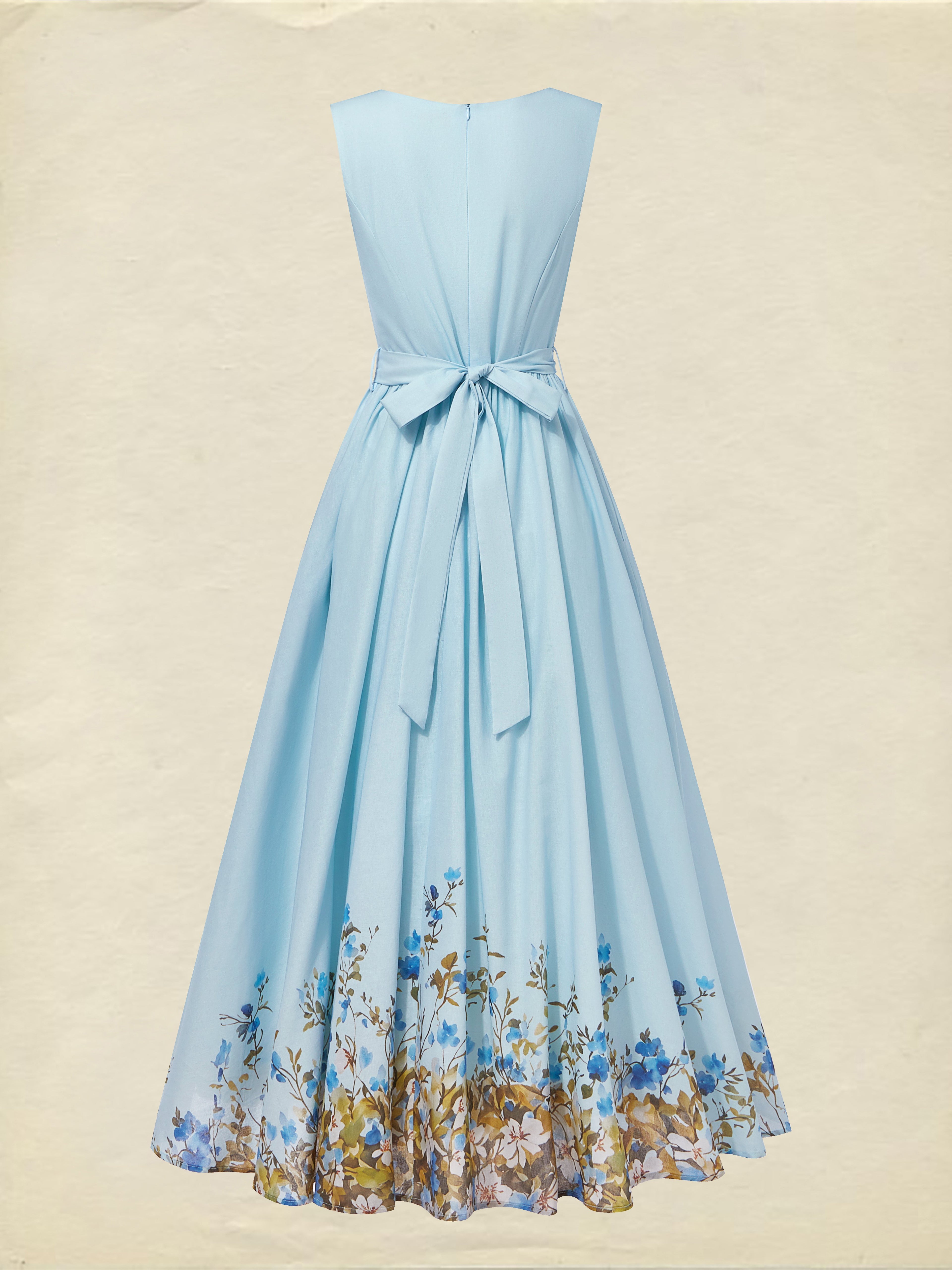 Maxi Linen Dress , Sleeveless, Round Neck, Floral, Button Design, French Vintage, Sky Blue