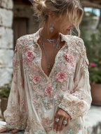 Women's Pink Rose Embroidery Art V Neck Long Sleeve Linen Blend Blouse