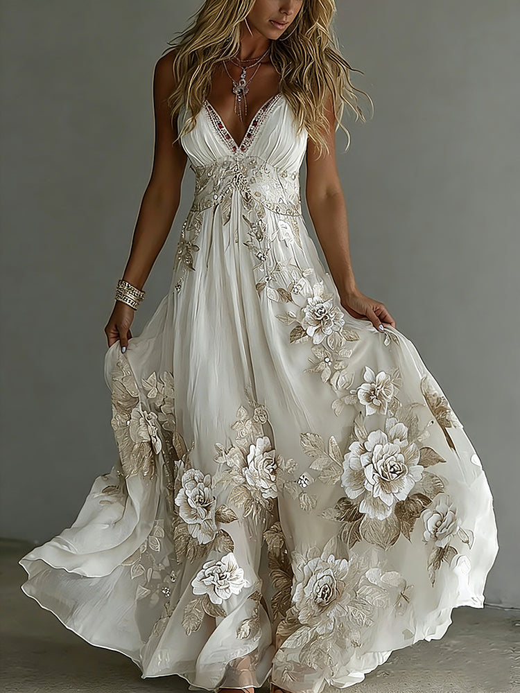 Women's Floral Embroidery Art Suspender Maxi Dress