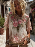 Women's Vintage Pink Floral Pattern Crew Neck T-shirt