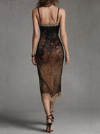 Vintage Glam Printed Satin Lace Trim Midi Dress