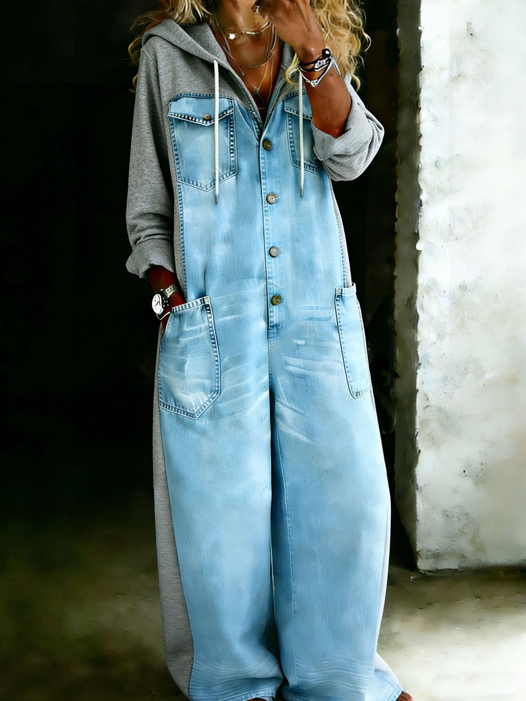 Women’s Stylish Patchwork Denim One Piece Hoodie Jumpsuit