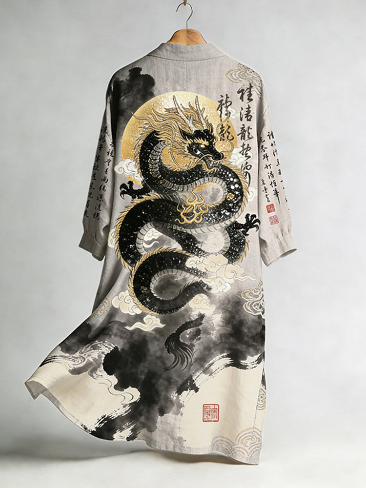 Men's Vintage Calligraphy Dragon Art Pattern Linen Blend Kimono