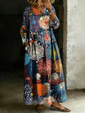 Women's Retro Multicolor Fireworks Art Splicing Long-sleeved Loose-fitting Casual Denim Dress