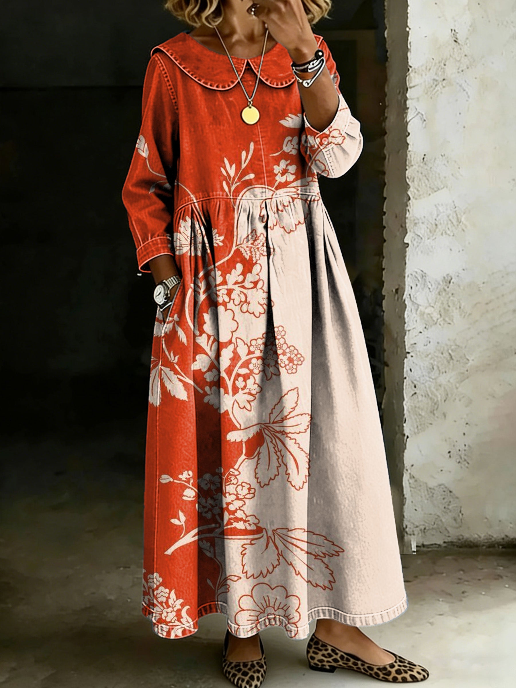 Women's Vintage Flower Peter Pan Collar Long-sleeved Casual Loose Denim Dress