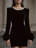 Elegant Velvet Mini Dress With Embellished Neckline And Floral Cuff Detail
