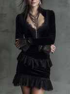Black Velvet Mini Dress With Lace Trim