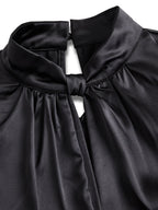 Sophisticated White Satin Blouse with Modern Keyhole Neckline