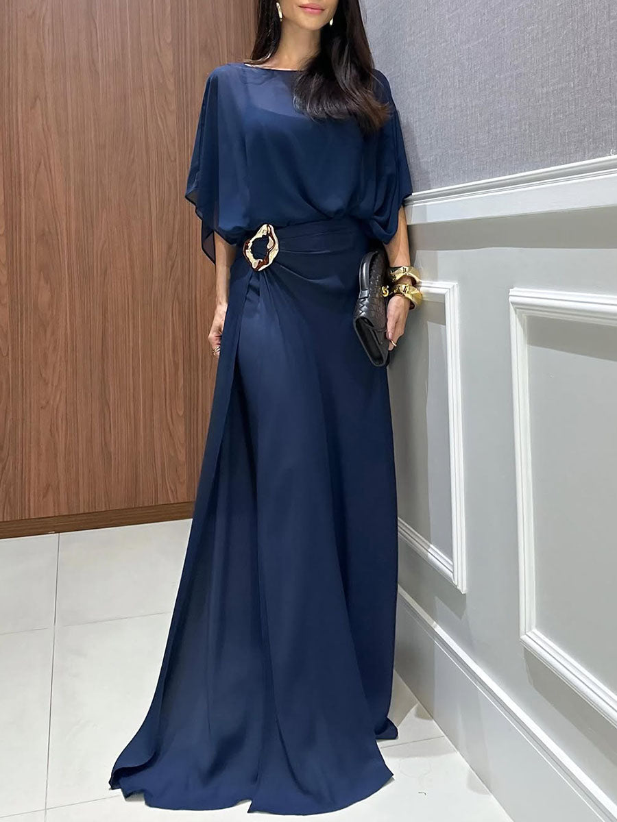 Women's Round-neck 3/4-sleeve Casual Loose Chiffon Top & High-waisted Wide-leg Pants Set