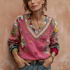 Women's Bohemian Flower Embroidery Art V-neck Casual Sweatshirt