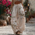 Women's Vintage Romantic White Rose Embroidery Art Comfy Linen Pants