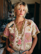 Bohemian Floral Bird Embroidery Casual V-neck Short-sleeved Top