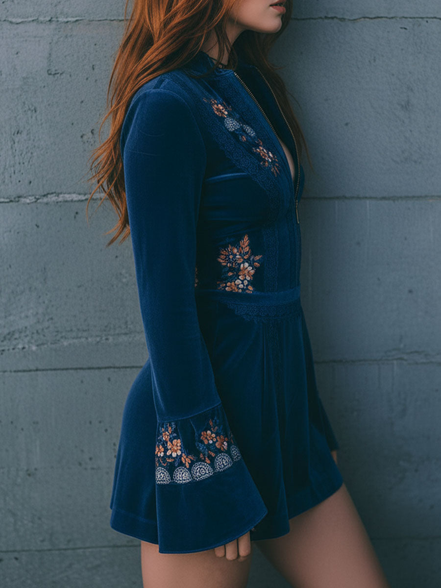 Boho Blue Velvet Zipper Front Lace Trim Embroidered Mini Dress