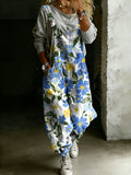 Women’s Vintage Floral Art Print Casual One Piece Denim Jumpsuit