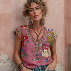 Women's Bohemian Floral Embroidery Art V-neck Short Sleeve T-shirt