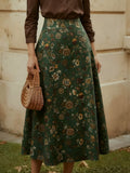 Midi Linen Skirt, loral, Pocket Design, Vintage, Green