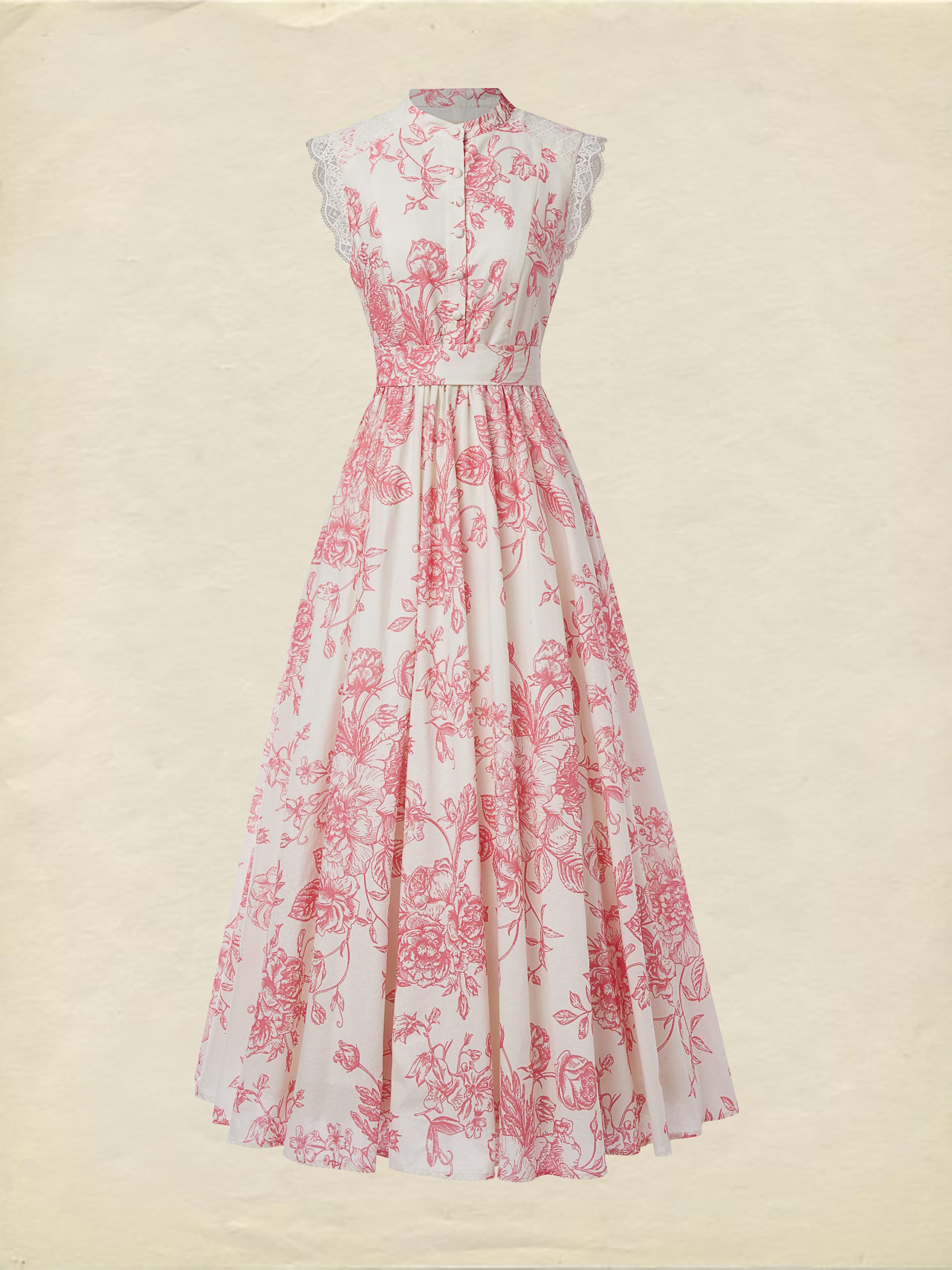 (SIZE:XS-XXL) Maxi Linen Dress , Cap Sleeves, Stand Collar, Floral, Lace, Vintage, Blue