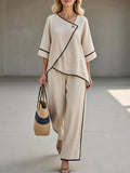 Casual Black Linen And Cotton Asymmetrical Collar Top And Pants Set