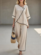 Casual Black Linen And Cotton Asymmetrical Collar Top And Pants Set