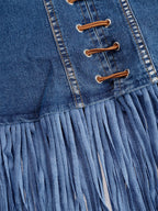 Casual Vintage Blue Denim V-Neck Tie Sleeveless Tassel Mini Dress