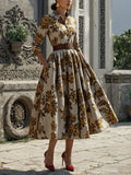 Midi Cotton Dress, Half Sleeve, Shawl Collar, Floral, Button Design, Vintage, Gray-brown
