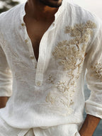 Men's Japanese Cherry Blossom And Pine Tree Casual Linen Shirt