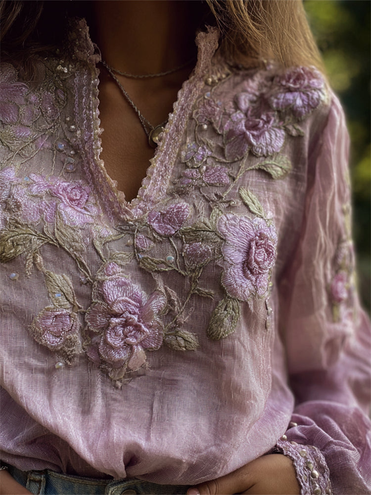 Vintage Lavender Flowers Vines Embroidered Linen Tunic