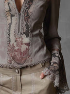 Vintage Patchwork Eco-Suede Blouse With Lace And Floral Prints