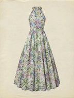 Maxi Cotton Dress, Sleeveless, Halter, Floral, Vacation, Vintage, White