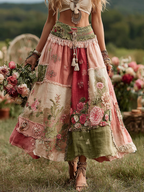 Vintage Boho Rose Floral Patchwork Art Flowy Linen Skirt
